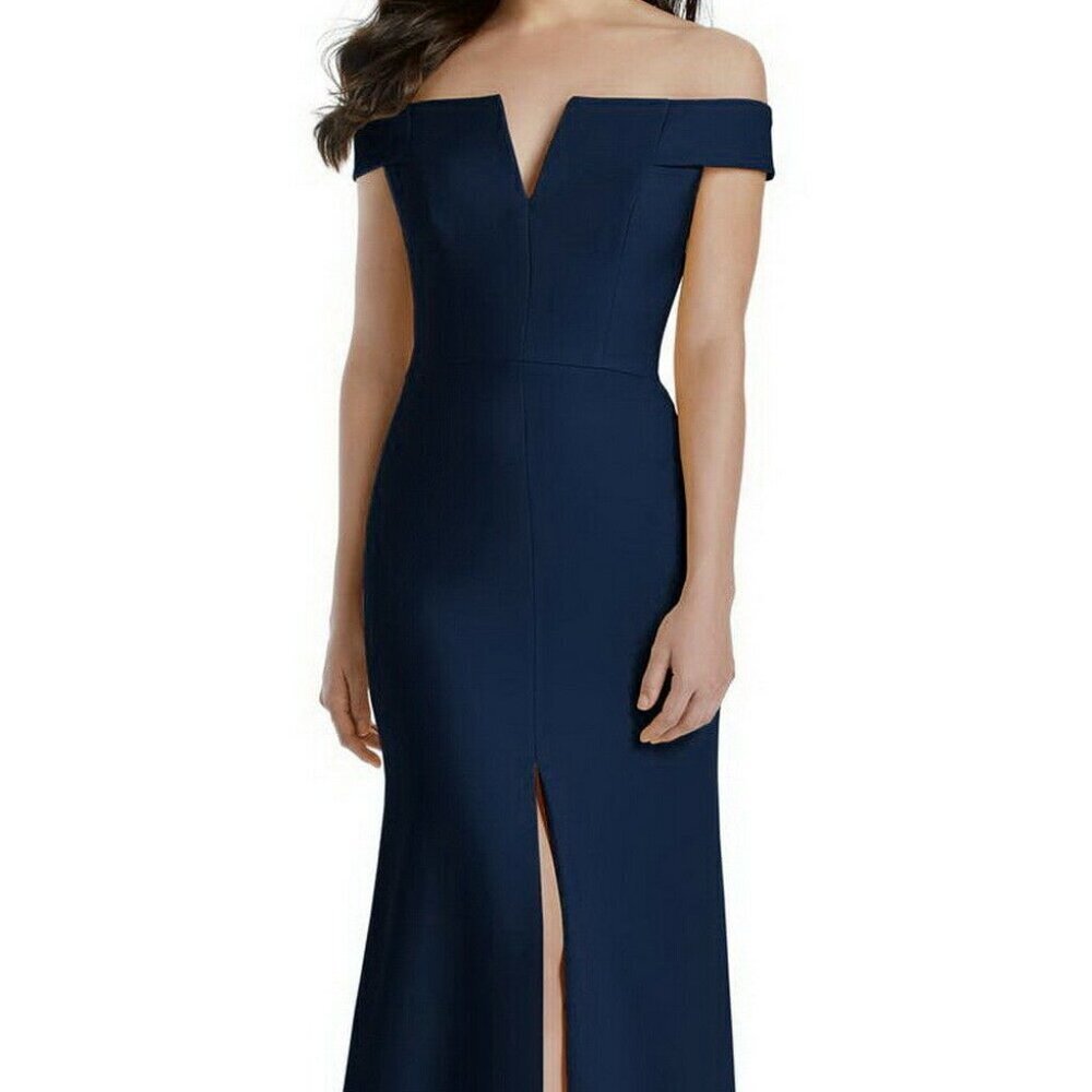 Dessy Vivian Diamond 3038 Midnight Blue Off the Shoulder Crepe Gown